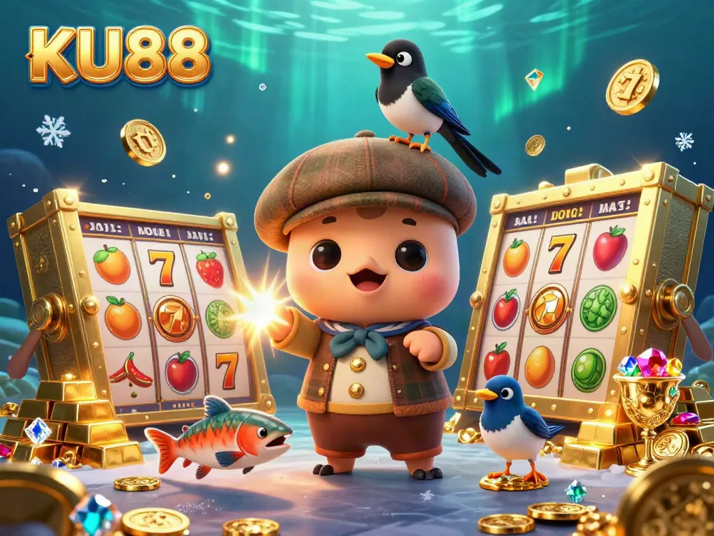 Experience thrilling gaming with KU88 in this vibrant 3D casino illustration featuring enticing jackpots and playful characters.