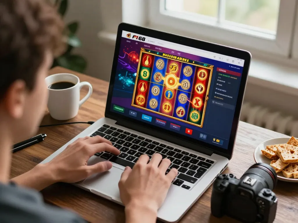 Engaging player experiencing f168 platform online with colorful slot game on the screen