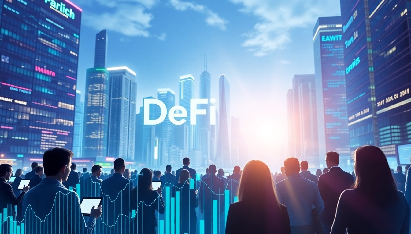 Actualité DeFi dans un paysage numérique dynamique avec des graphiques financiers et un public engagé.