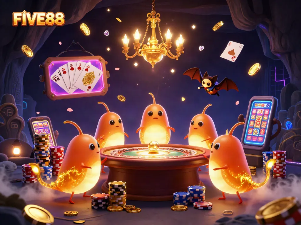 Experience the vibrant excitement of FIVE88 in a stunning cave casino scene with dynamic lighting and game elements.