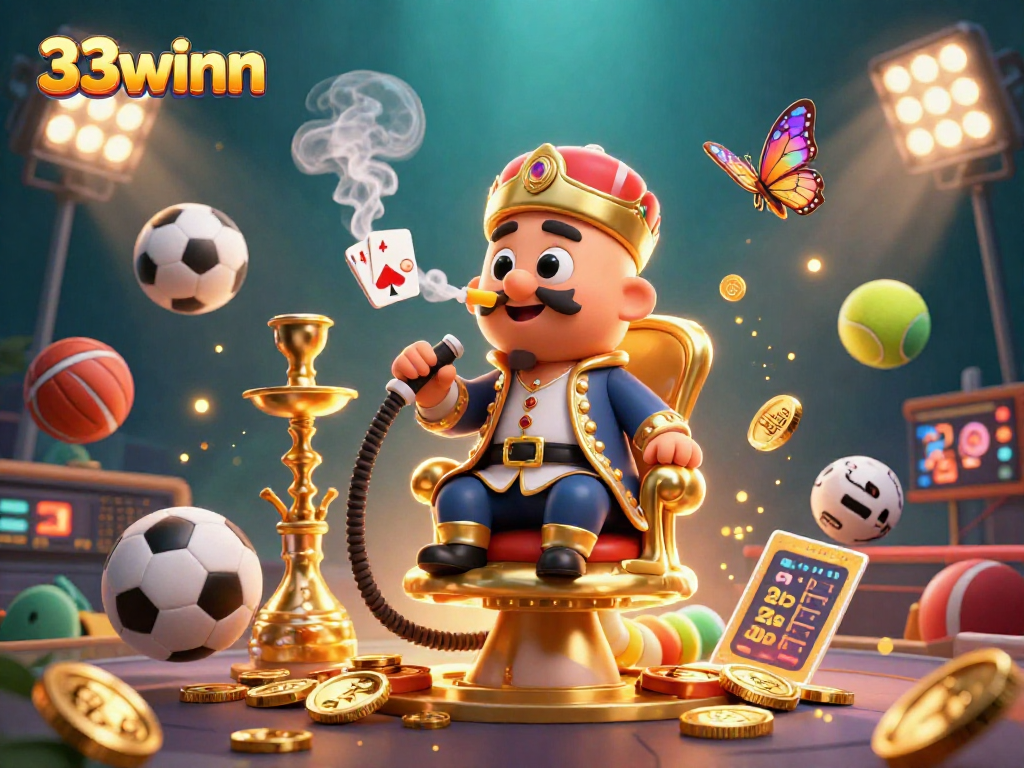 Engage with 33winn's vibrant 3D casino scene showcasing a whimsical caterpillar and dynamic sports elements.