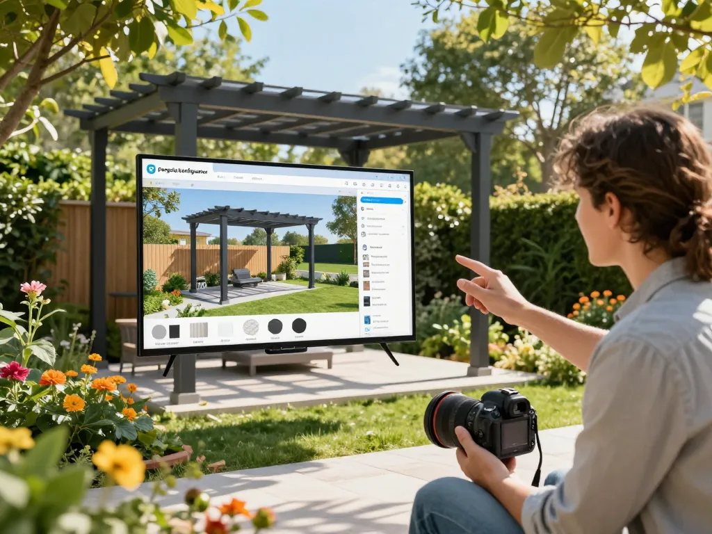 Hausbesitzer nutzt Pergola-Konfigurator-Software in einer schönen Gartenlandschaft, um anpassbare Außenanlagen zu visualisieren.