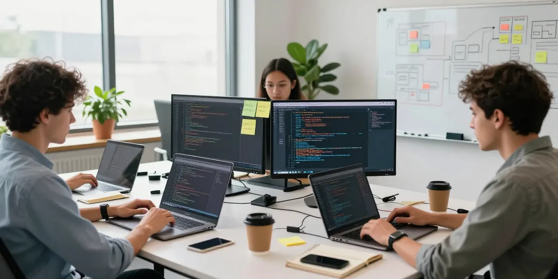 Build internal tools with AI in a collaborative software development workspace, featuring diverse developers engaging with technology.