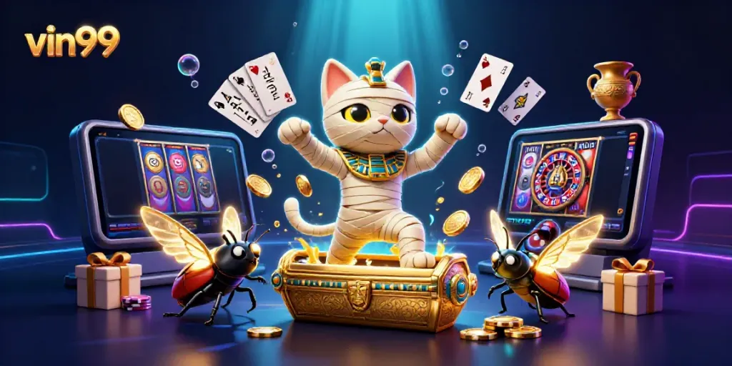 Experience excitement at vin99 with a thrilling 3D illustration featuring vibrant casino elements and dynamic characters.