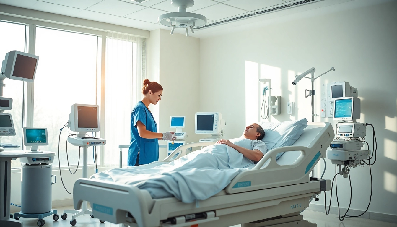 Intensivpflege Frankfurt: Krankenschwester sorgt fürsorglich für einen Patienten in modernen Krankenhausumgebung.