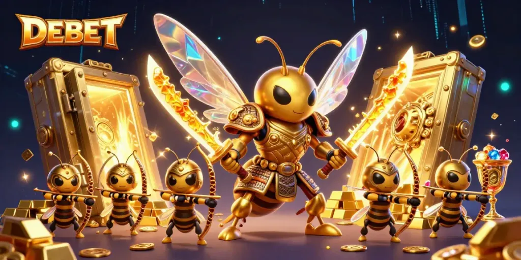 Experience the thrilling adventure of DEBET with a hornet samurai in action, showcasing vibrant treasures.