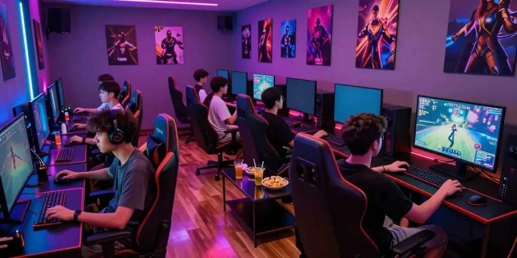 Engaged gamers enjoying rokok88 link in a stylish lounge setting.