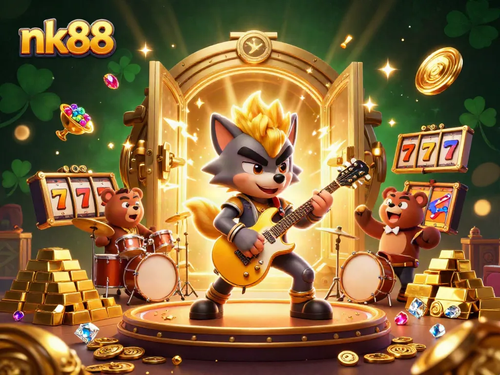 Experience nk88's vibrant gaming world with a rock star wolf and treasure-filled casino atmosphere.