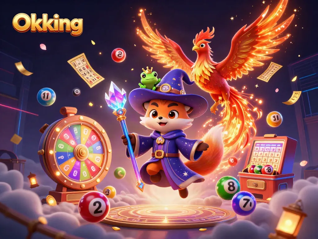 Experience thrilling casino fun with Okking's 3D wizard and phoenix in a vibrant, magical scene.