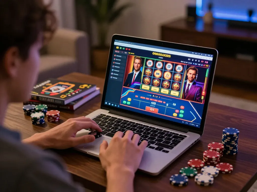 Engaging online casino gaming session with RR88 on laptop, focused player, vibrant atmosphere.