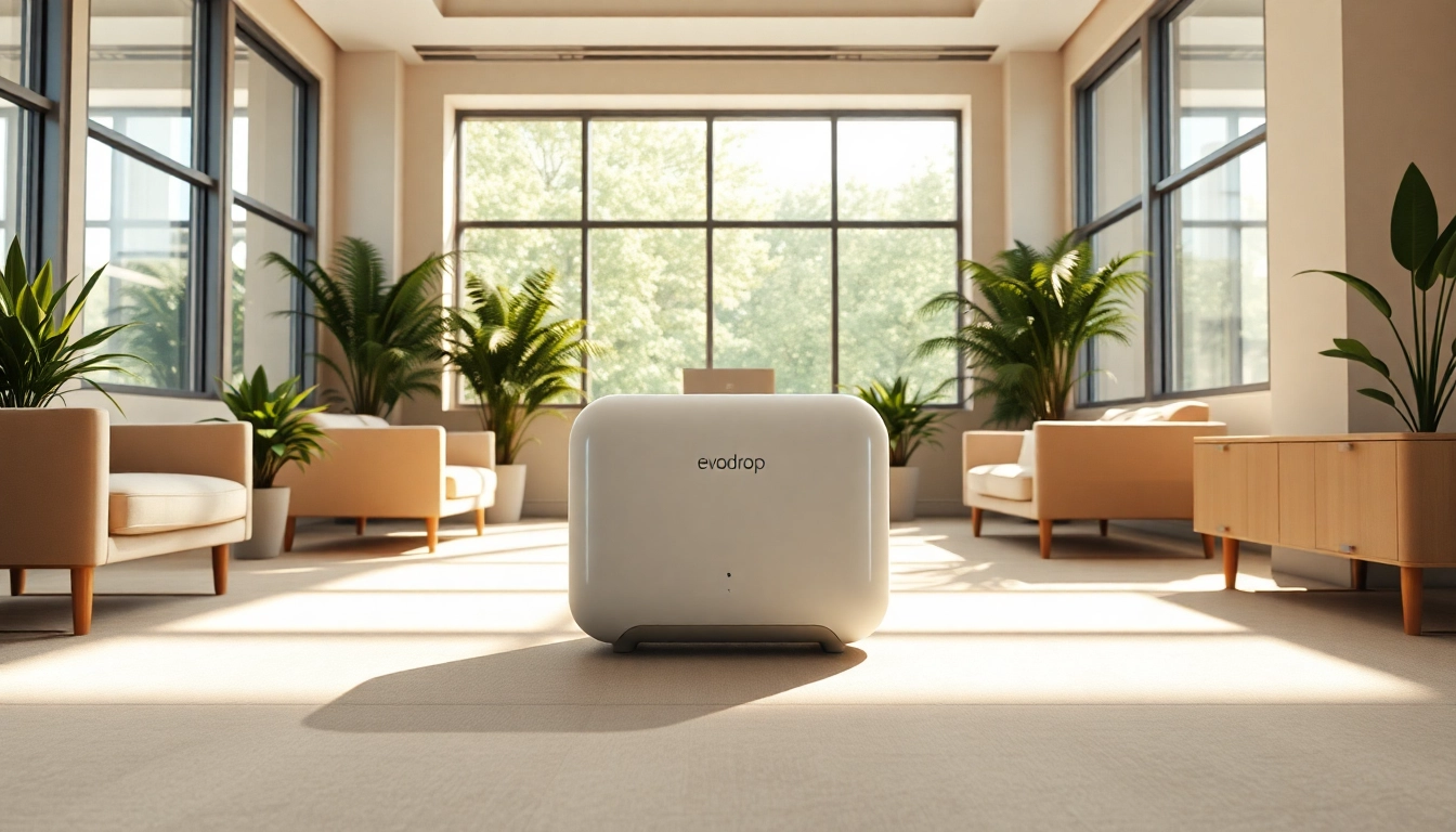 Vervollständigen Sie Ihren Arbeitsplatz mit evodrop, einem eleganten und innovativen Gerät im modernen Büro.