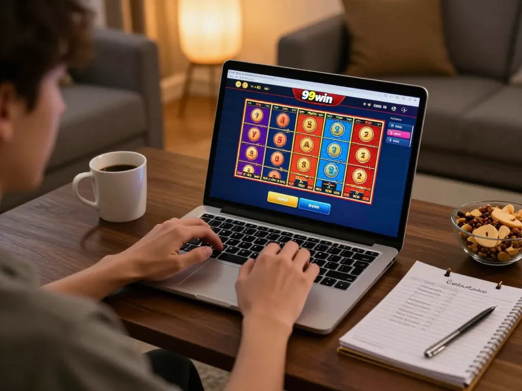 Engaging in online casino gaming with 99win on a laptop at home, showcasing a cozy atmosphere