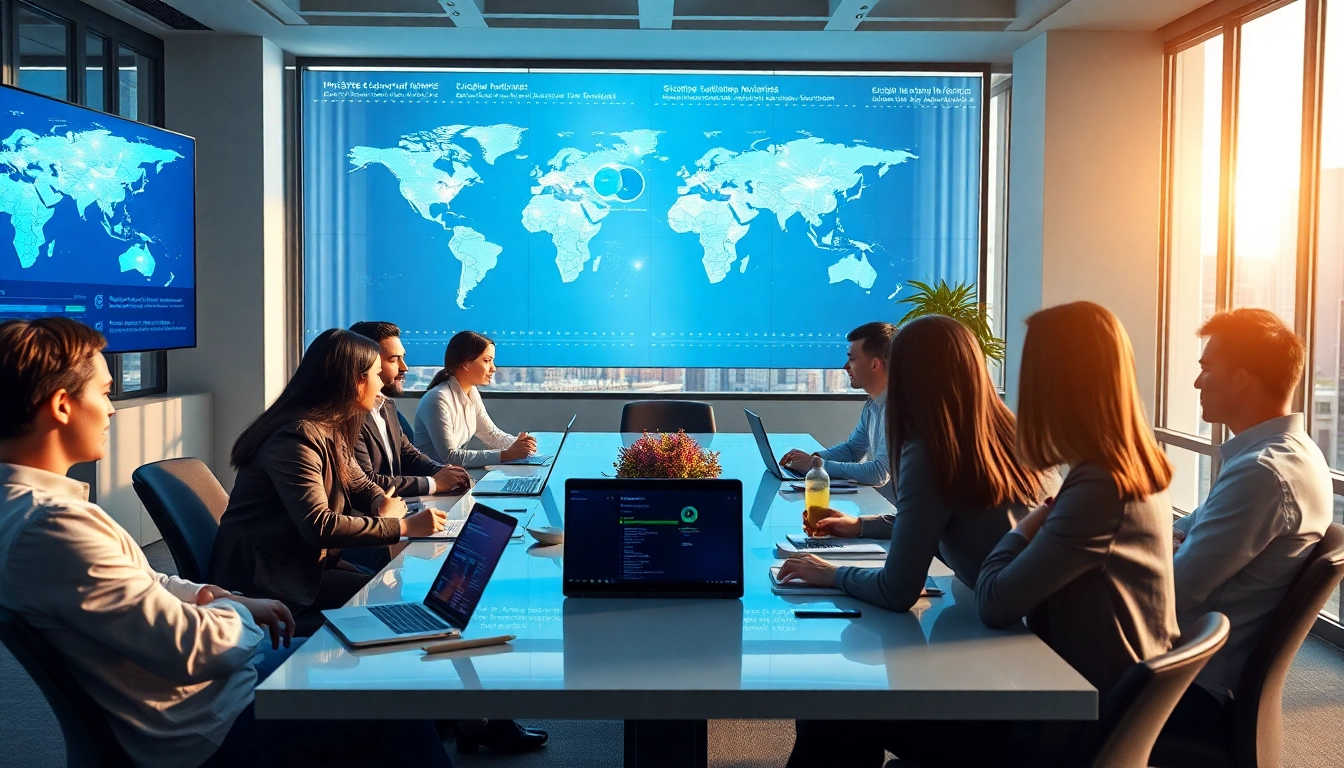 快连官网 presents a modern office scene emphasizing global network technology with diverse professionals discussing digital strategies.