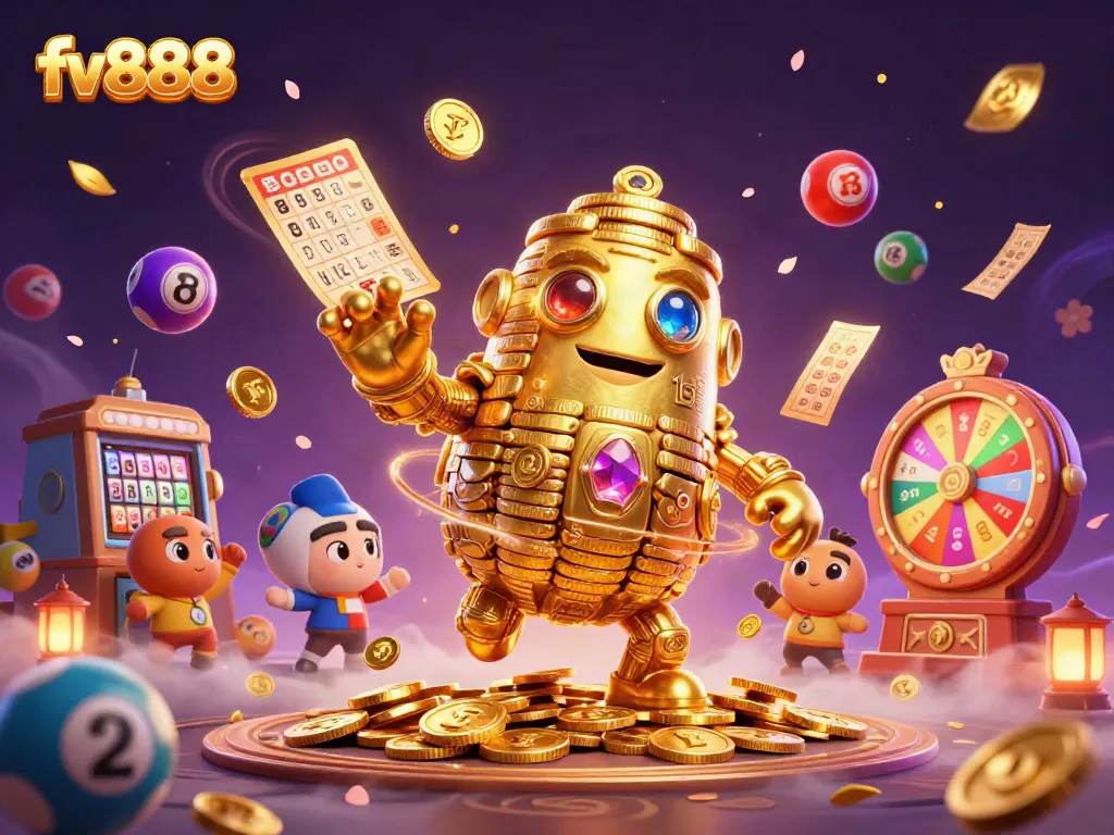 Engage in thrilling games at fv888 with dynamic lottery balls and a golden golem surrounded by vibrant casino elements.