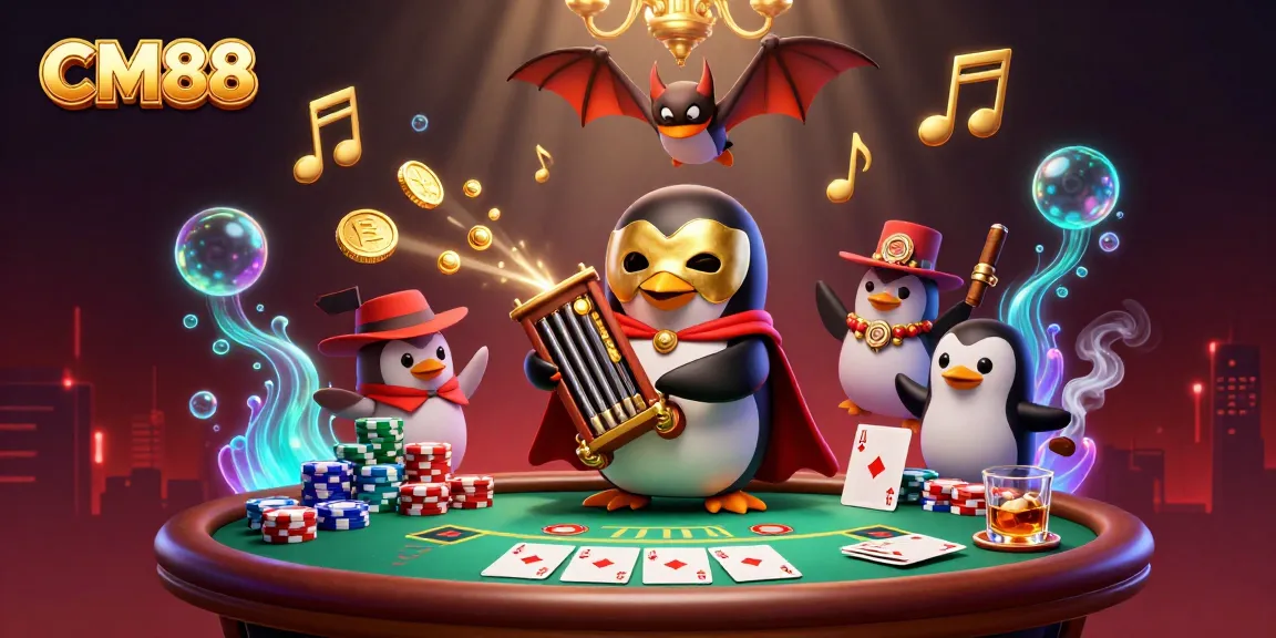 CM88 penguin character playing organ surrounded by colorful poker gaming elements.