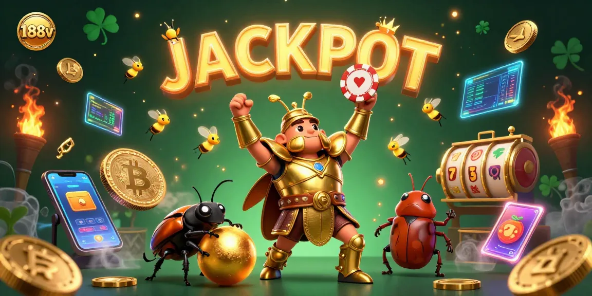 Engage with 188v in this vibrant casino scene; hercules beetle celebrates a jackpot amidst crypto elements.
