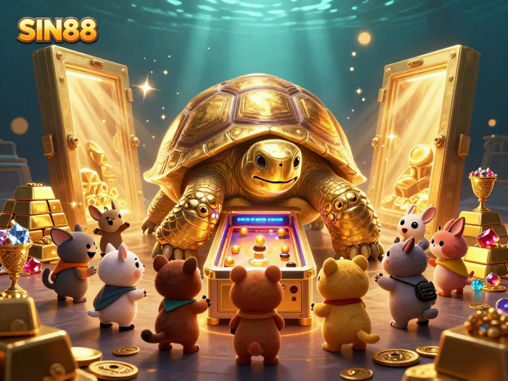 Experience excitement at SIN88 with a colossal pinball tortoise and treasure in a vibrant casino scene.