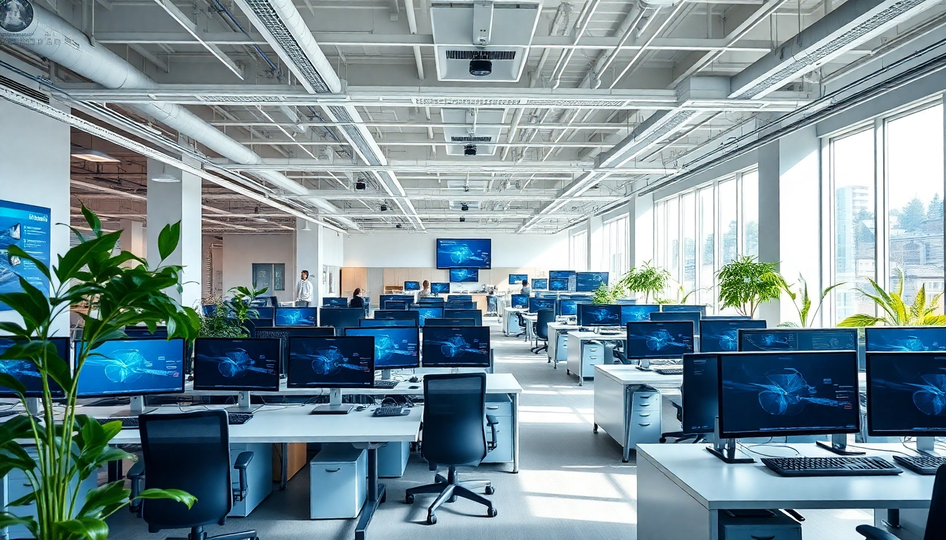 IT System House modern office featuring a collaborative workspace with advanced technology.
