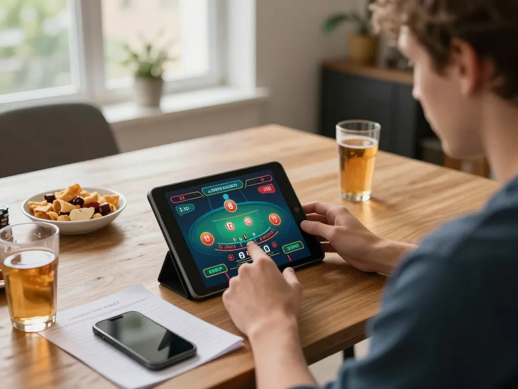 VT88 player engaging in live dealer blackjack on tablet at home, focusing on strategy and fun