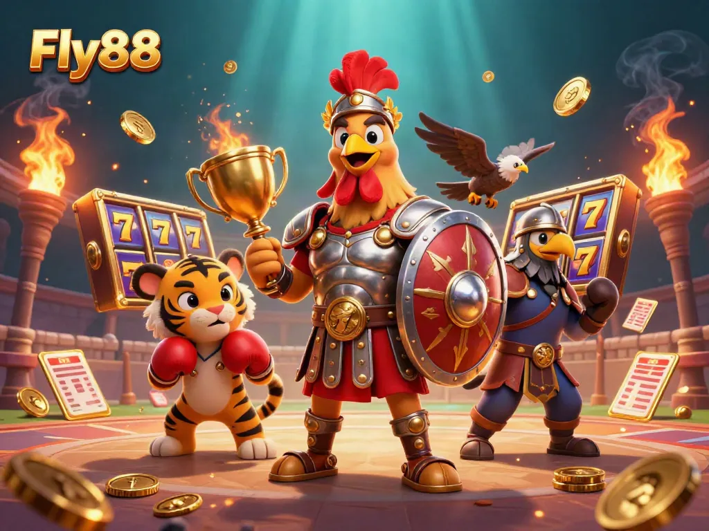 Engage with Fly88's 3D slot experience featuring a gladiator rooster and dynamic betting elements.