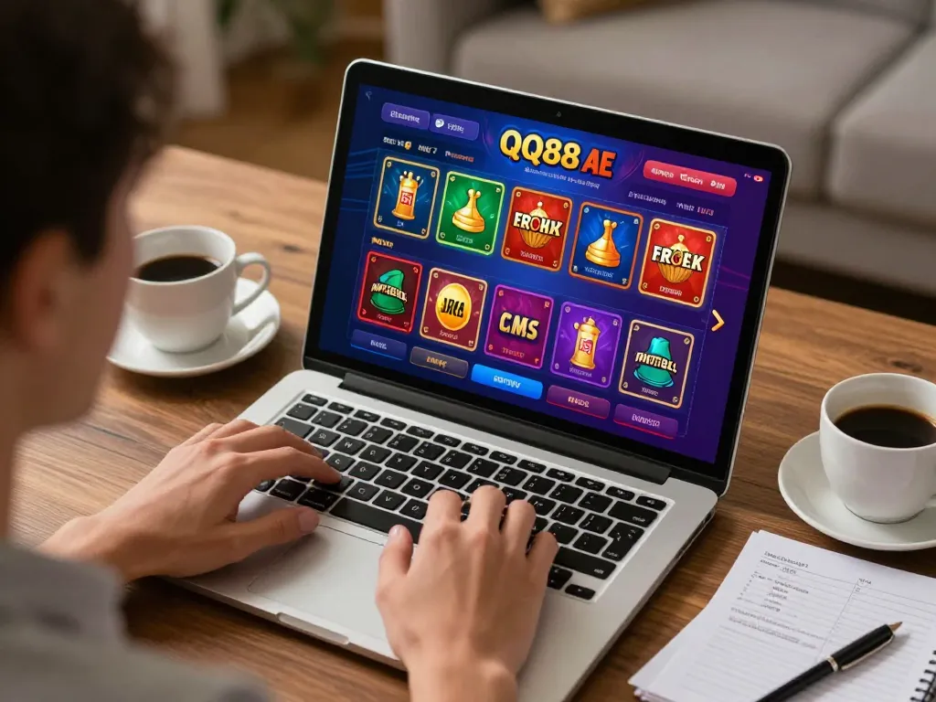 Engaging in exciting gameplay on QQ88 AE with laptop and strategy notes