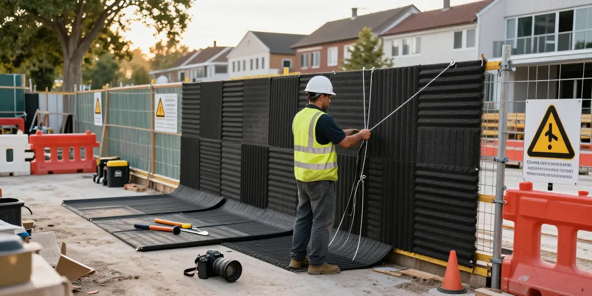 Lärmschutz Bauzaun für Baustelle mieten mit einem Arbeiter, der Schallschutzmatten an einem Bauzaun befestigt.