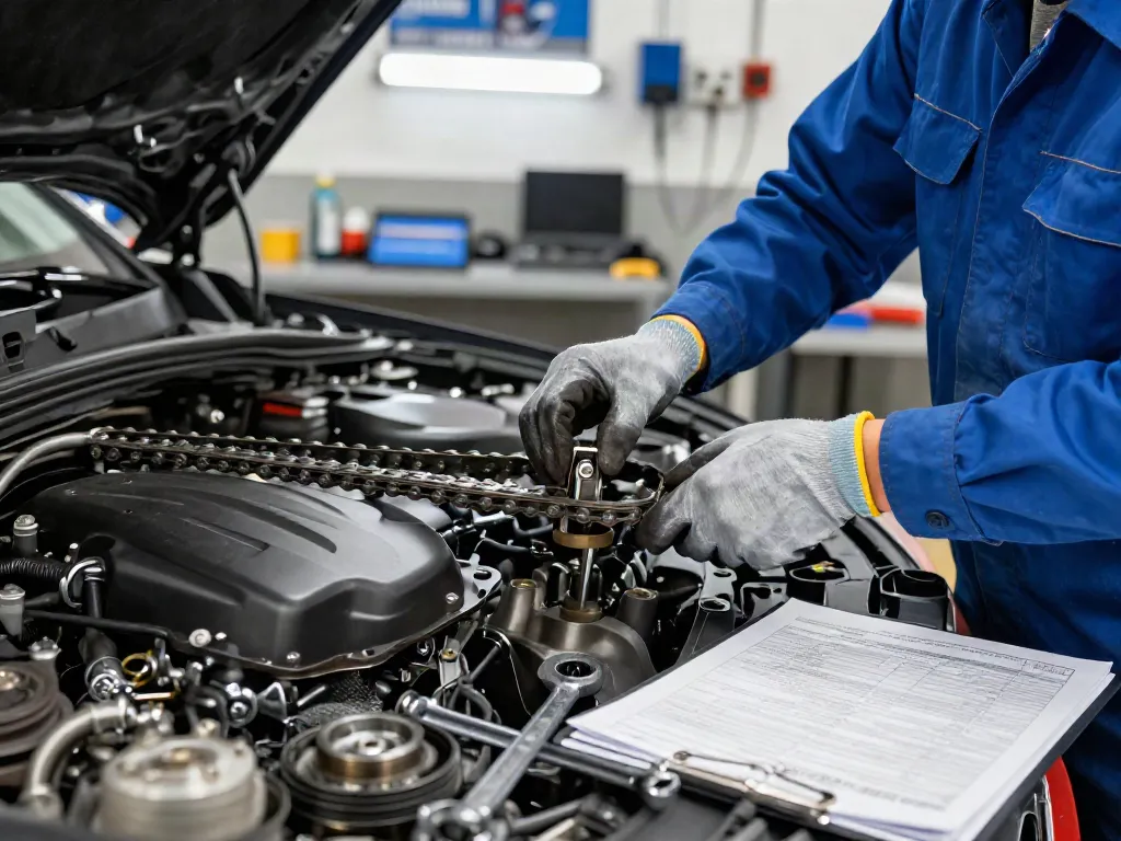Mechaniker wechselt die BMW Steuerkette in einer professionellen Werkstatt.