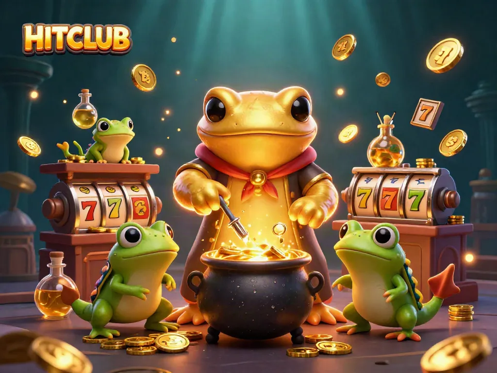 Spin jackpots and win coins at HITCLUB's vibrant slot games with magical alchemists and frogs.