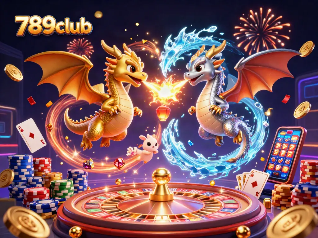 Exciting 789club casino scene with 3D dragons amid coins, gems, and vibrant game elements.