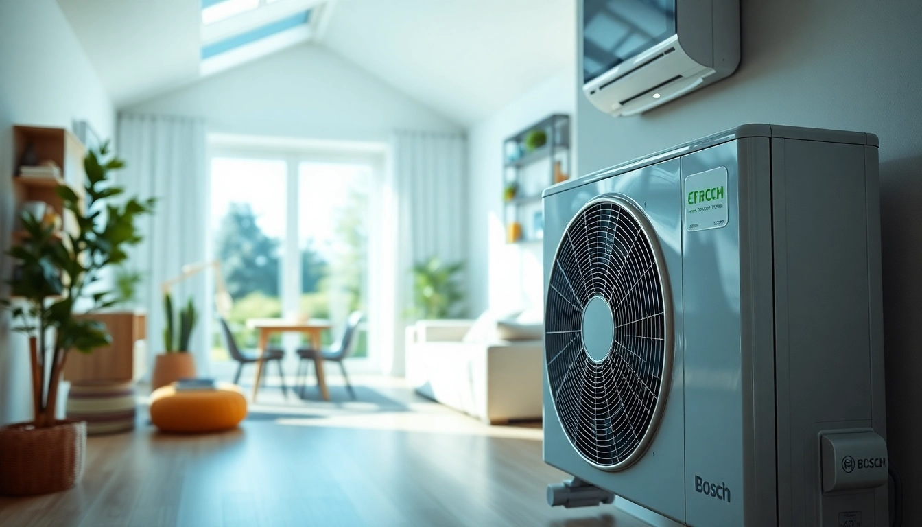 Installation der wärmepumpe bosch in einem modernen Zuhause, Energieeffizienz hervorhebend.