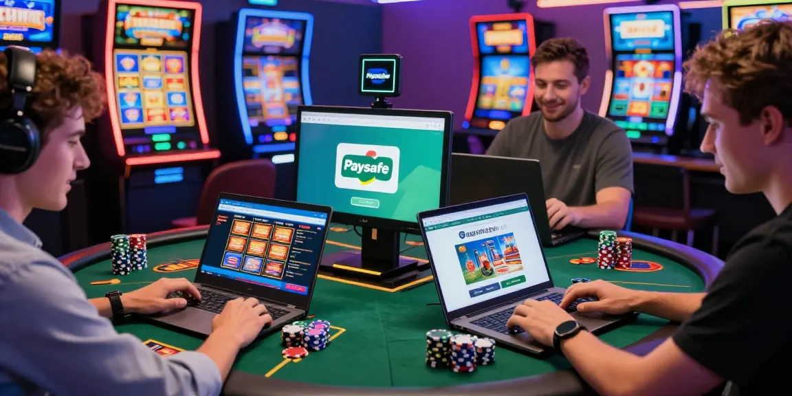 Engagierte Spieler genießen Spiele in einem Paysafe Card Casino, mit lebhaften Farben und modernen Oberflächen, die Aufregung und Sicherheit widerspiegeln.