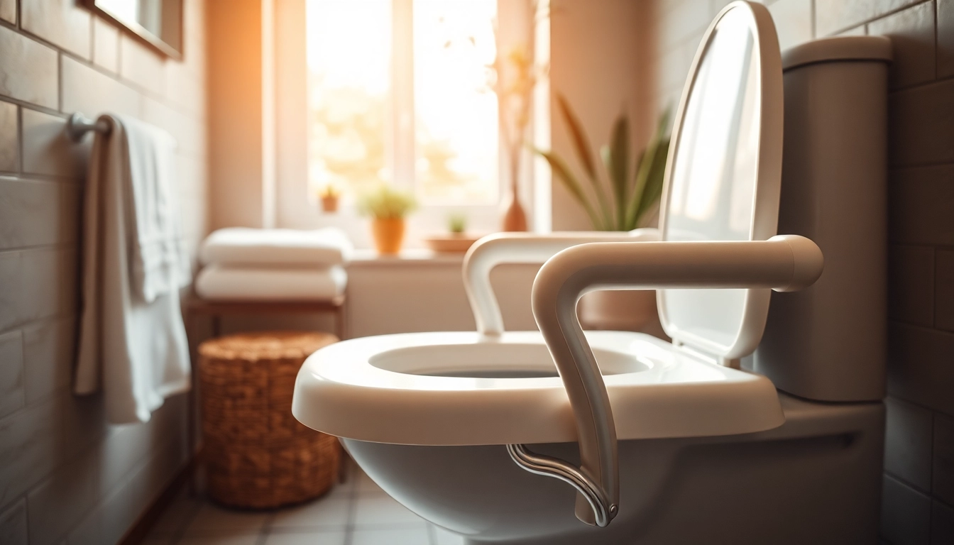 Benutzerfreundliche toilettensitzerhöhung mit armlehnen in einem modernen Badezimmer.
