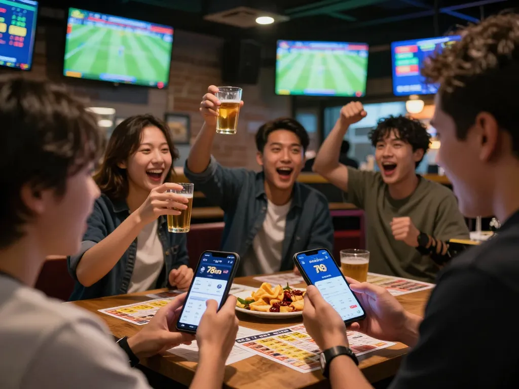 Engaging sports betting moment with 78win app on smartphone, friends celebrating at a busy sports bar.