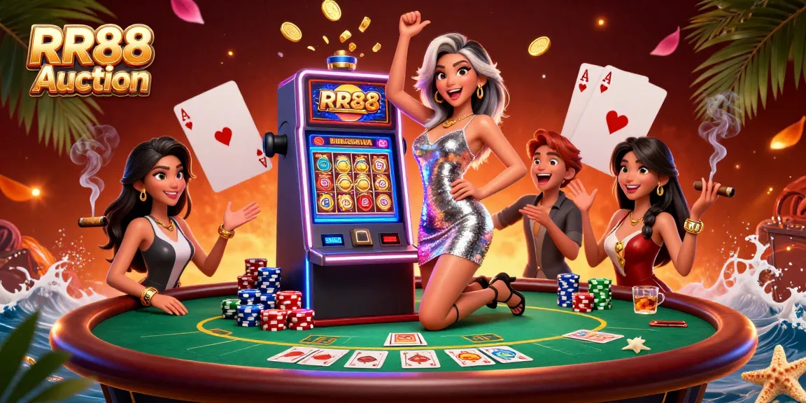 Celebrate big wins at RR88 Auction with our dynamic 3D illustration featuring jackpots and poker excitement.