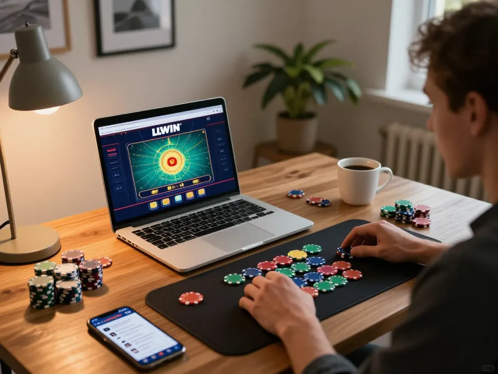 Engaging in online gambling at LLWIN with vibrant chips and gaming setup, spotlighting strategic gameplay