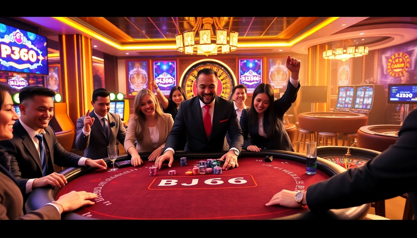 A vibrant casino scene illustrating BJ66 poker action with players at a branded table, showcasing excitement.