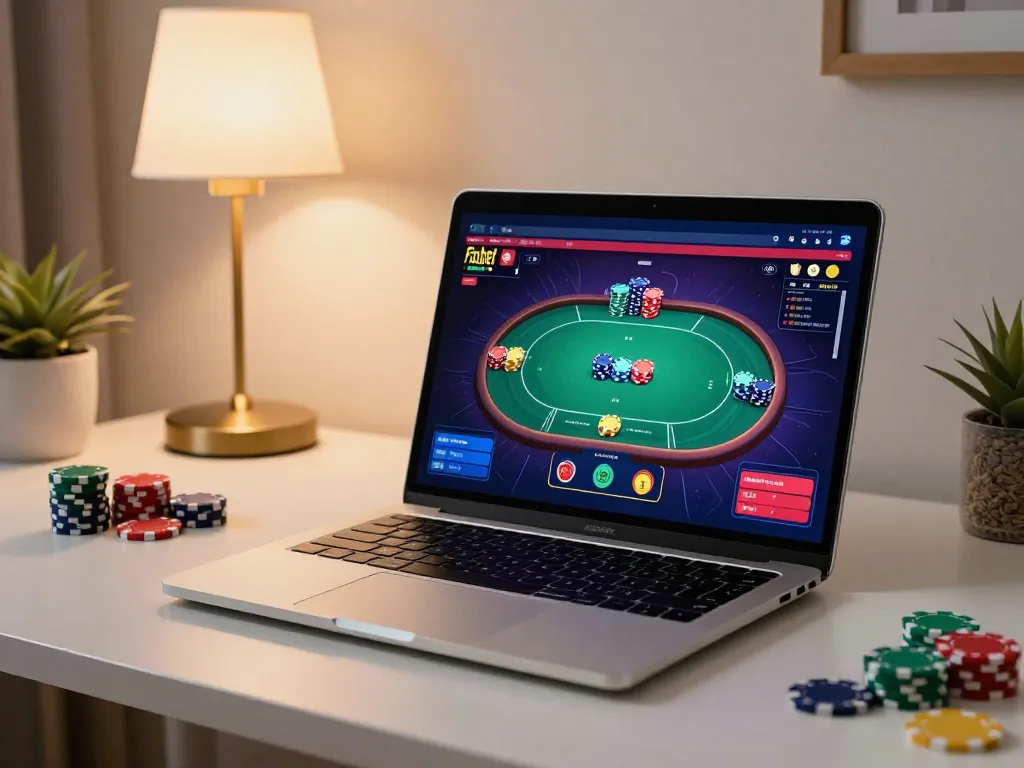 Engaging in fabet poker game with vibrant online environment on a stylish desk setup, highlighting strategic gameplay.