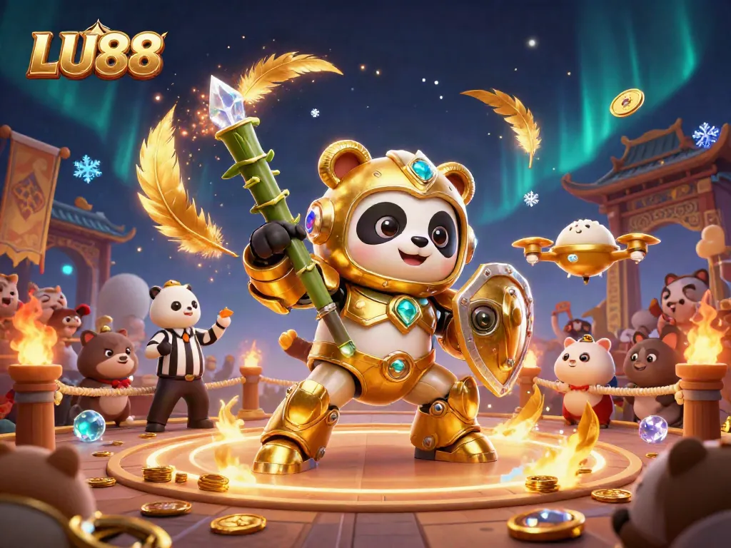 Engage with the LU88 online casino experience, featuring a golden panda robot amidst dynamic gambling activities.