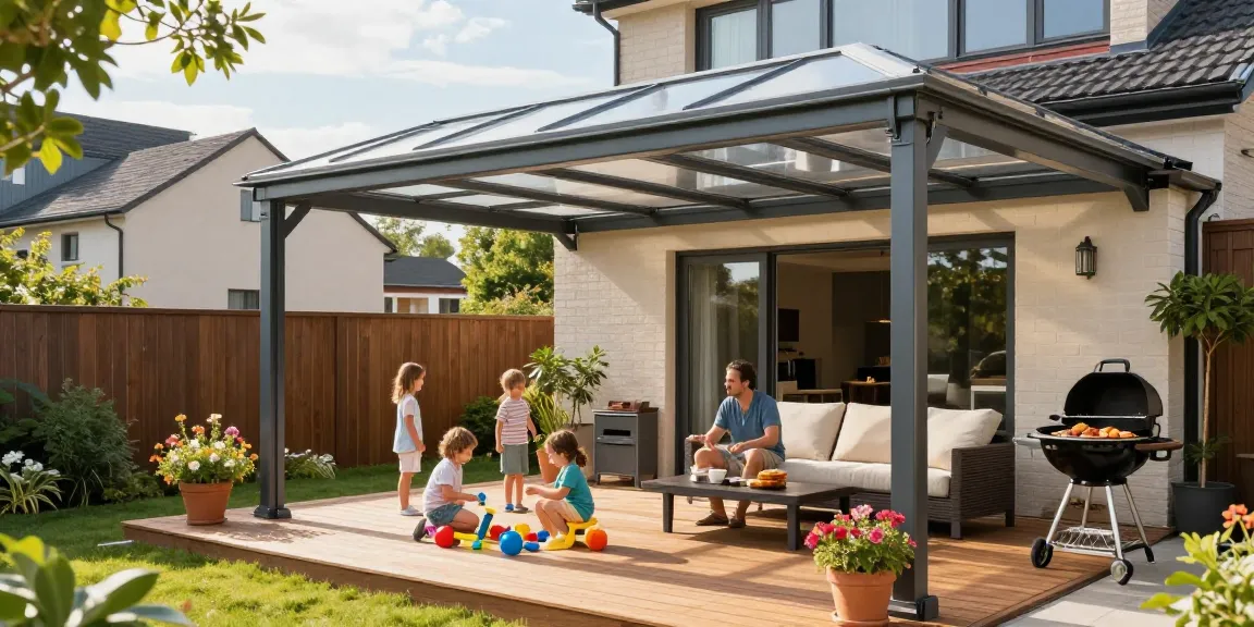 Elegante Terrassenüberdachungen schaffen einen einladenden Außenbereich mit Spielmöglichkeiten für die Familie.