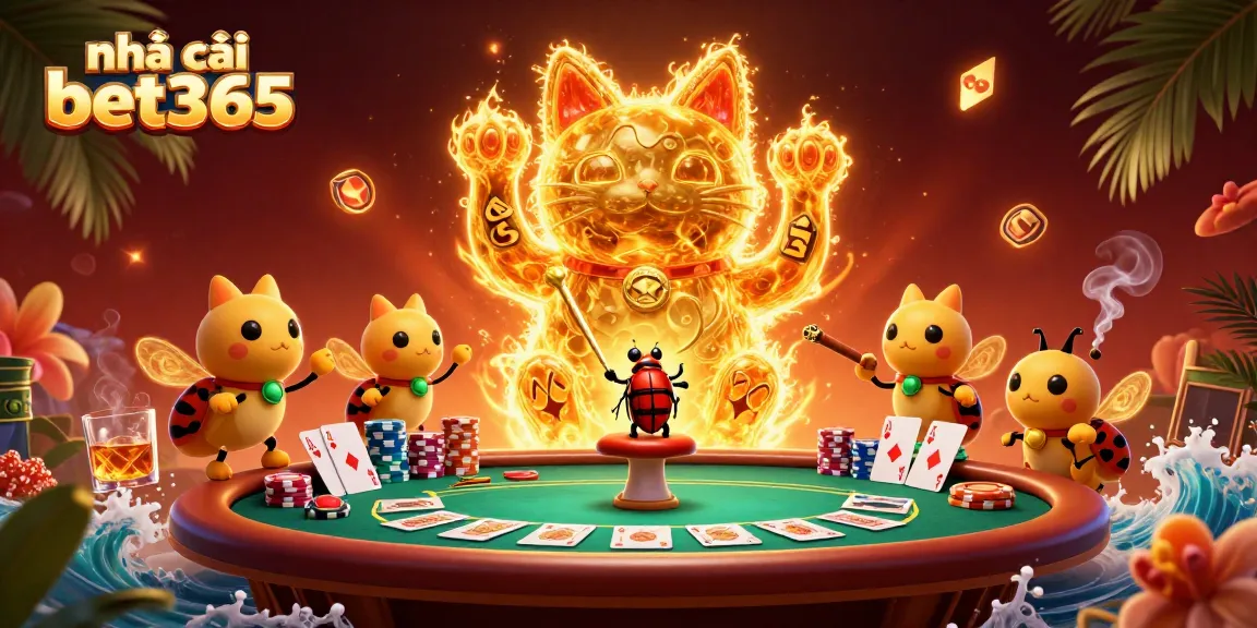 Experience the thrill of nhà cái bet365 with a vibrant scene of casino elements and a lucky cat.