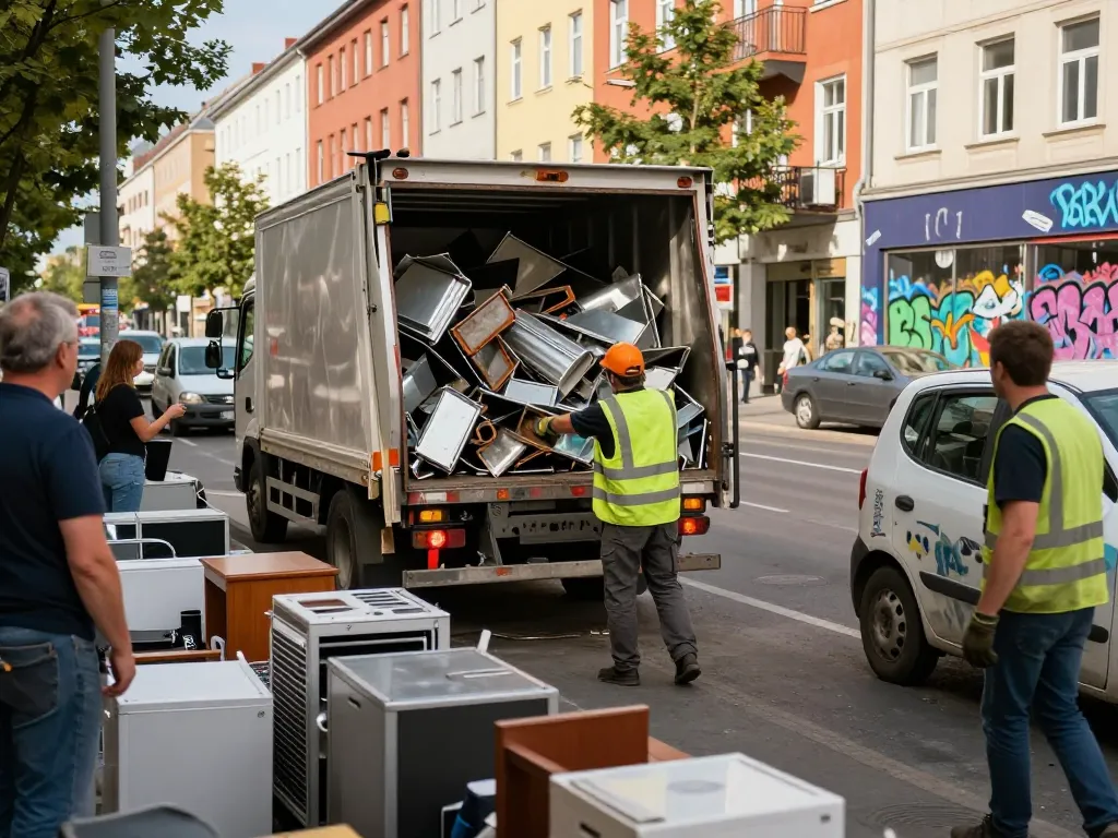 Effizienter Schrottabholungsdienst, der Schrottmetall in einer belebten städtischen Umgebung einsammelt