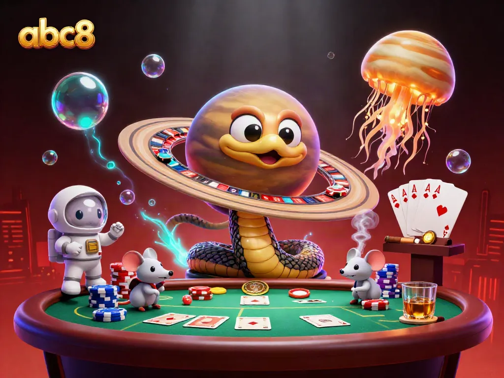 Engage in amazing gameplay with abc8 in an ultra-detailed cosmic casino scene featuring unique characters and elements.