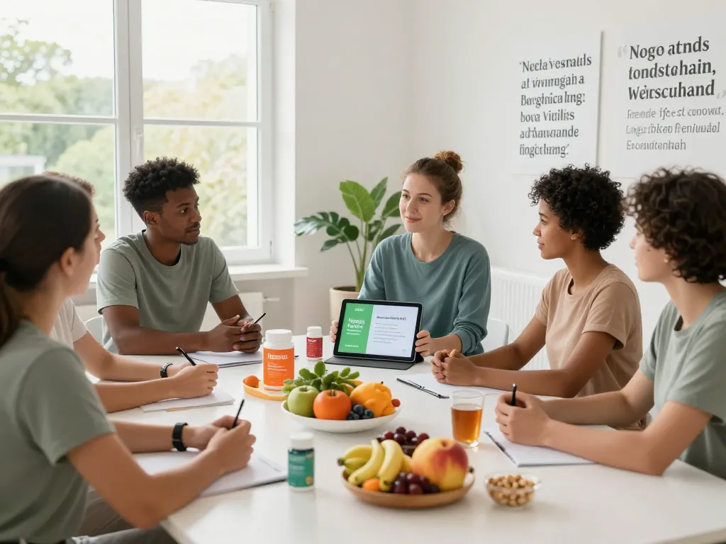 Natura Vitalis Team arbeitet in einer Wellness-Coaching-Sitzung für Direktvertrieb Nahrungsergänzung Deutschland zusammen.