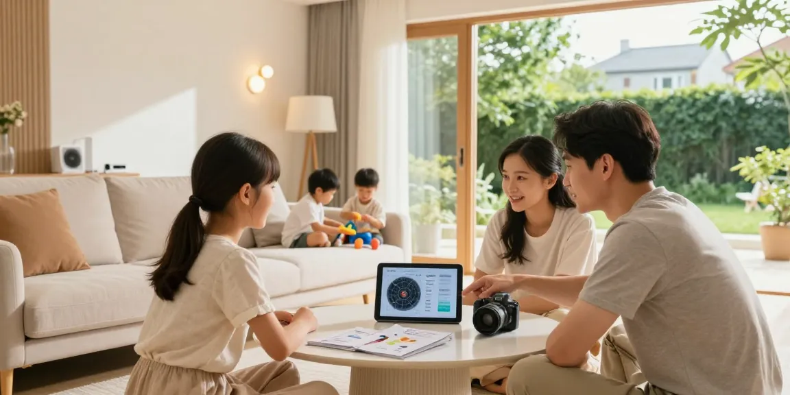 Family discussing options to wärmepumpe kaufen in a cozy living room, showcasing energy efficiency.