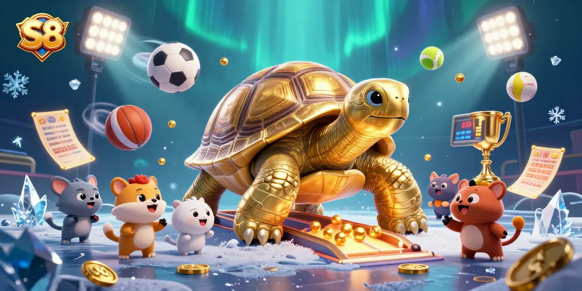 S8 showcases a lively scene of a golden tortoise pinball machine surrounded by vibrant sports elements and excited players.