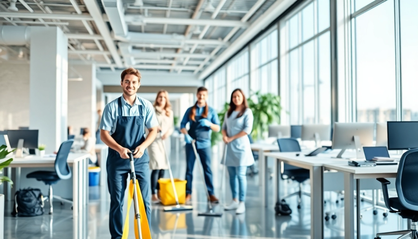 Effiziente gebäudereinigung münchen mit Reinigungsteams in einem modernen Büro.