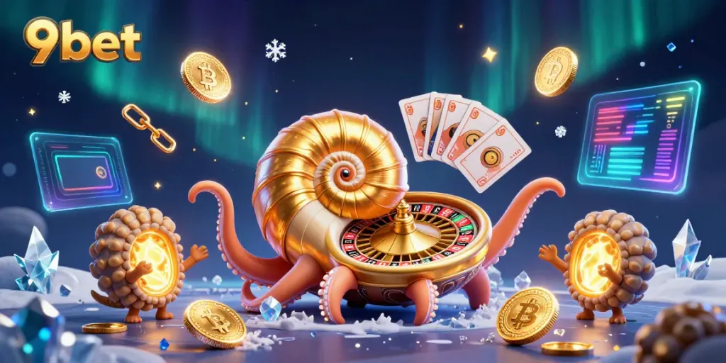 Engage with 9bet's vibrant gaming features featuring a giant nautilus roulette and glowing elements.