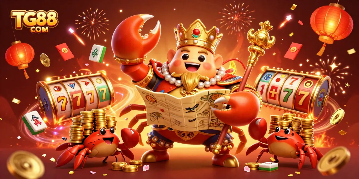 Engage with TG88COM's vibrant casino world, featuring a regal crab emperor amidst golden chips and festive elements.