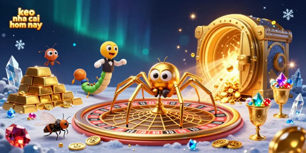 Engaging visualization of keo nha cai hom nay featuring a cartoon spider and croupier in a vibrant casino setting