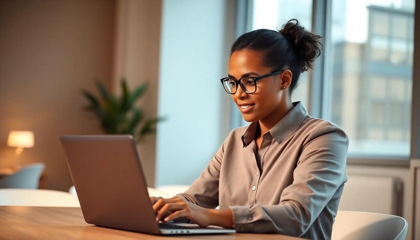 Job seeker exploring Stellenangebote on a laptop in a bright office.